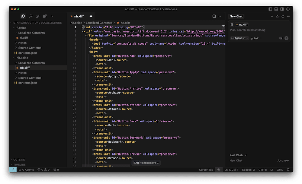 Использование ИИ и Cursor для локализации каталогов строк Xcode