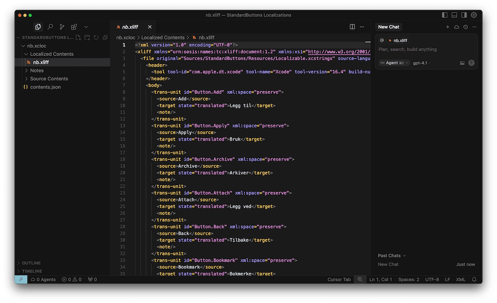 Использование ИИ и Cursor для локализации каталогов строк Xcode
